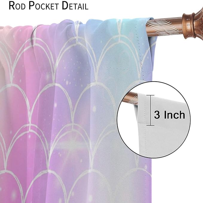 Mermaid Blackout Curtains, Kids Cartoon Blue and Pink Ocean Mermaid Scale Pattern Decoration for Girls Bedroom Nursery Curtains 42x45 Inch