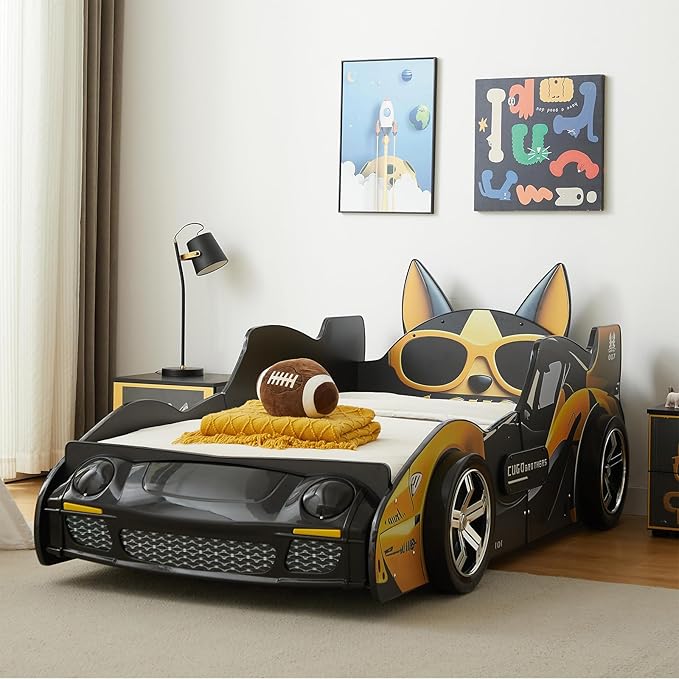 HMFULE Twin Bed Frames for Kids, Wood Cartoon Dog Race Car -Shaped Bed Frame Platform with Wheels LED Lights & Slat Support for Toddler, Teens, Boys or Girls, No Box Spring Needed (Black Yellow)
