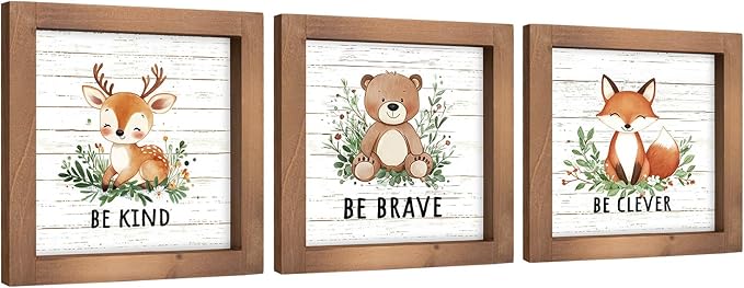 3 Piece Woodland Nursery Wall Decor, Wooden Forest Animal Bear Fox Deer Sign Nursery Art, Nature Jungle Safari Theme Baby Shower Decorations for Home Table Top Shelf Desk Classroom Bathroom