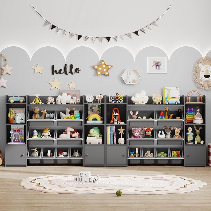 Costzon 56'' Kids Toy Storage Organizer with 8 Removable Bins, 4-Tier Toddler Bookshelf Cubbies, Preschool Children's Montessori Bookshelf w/6 Large Cabinet for Playroom, Daycare, Kids Room, Classroom