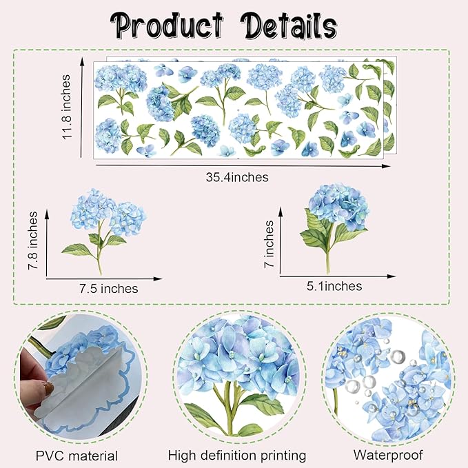 Watercolor Blue Hydrangea Wall Stickers, Blossom Floral Vinyl Wall Decals, Removable Flower with Green Leaves DIY Wall Art for Bedroom Living Room Decor