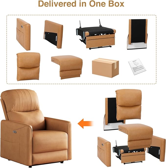 Adjustable Power Recliner Chair, Comfy PU Leather Electric Recliner Chair, Power Recliners with USB Port, Eco-Certified Small Recliners for Small Spaces Sofa Reclinable, Brown