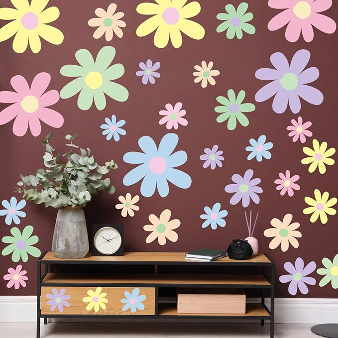 TaoBary 12 Sheets Daisy Wall Decal Flower Wall Sticker Cute Daisy Sticker Pink White Flower Decal Peel and Stick Floral Wallpaper for Nursery Bedroom Home Decor(Fresh Color,Attractive Style)