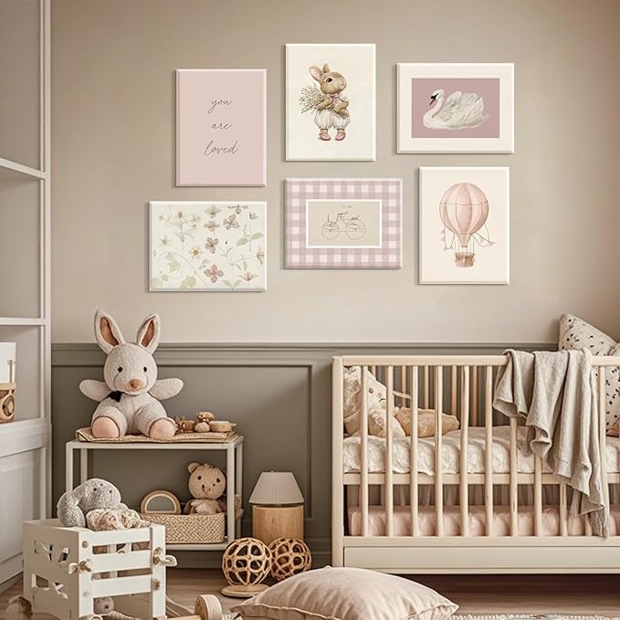Pink Nursery Wall Art Baby Girl Canvas Wall Decor Vintage Poster Bunny Flower Wall Art Antique Preppy Pictures Animal Floral Prints Kids Swans Painting for Girls Room Bedroom 12x16x6 Inch Framed