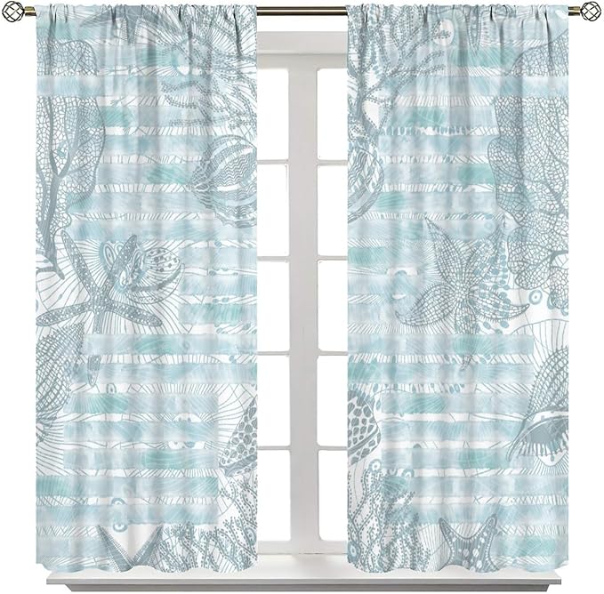 Starfish Curtains,Starfish and Seashells Coastal Curtain Ocean Themed Underwater Marine Decor Waterproof Fabric Curtain Set 2 Panels,55x63 Inches