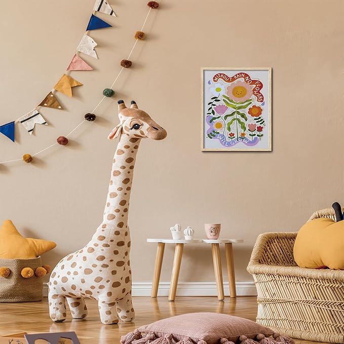KISSFOX Framed Wall Art Nursery Wall Decor Sunflower Pictures Kids Cute Smiling Floral Canvas Art Whimsical Botanical Paintings Colorful Sweet Artwork For Children Boys Girls Room Playroom