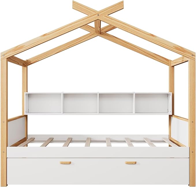 Twin Size Wooden House Bed with Twin Size Trundle and Bookshelf Storage Space, Original Wood Colored Frame with Roof and Slats Support for Kids Teens Girls Boys Bedroom (White+Trundle, Twin)