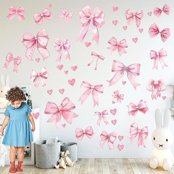 Glow in The Dark Pink Bow Wall Stickers Glowing Luminous Light Pink Bow Knot Wall Decals Watercolor Coquette Wall Art Decor Wallpaper for Nursery Kindergarten Girls Bedroom