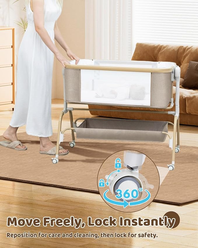 Baby Bassinet, Rocking Bedside Sleeper, Detachable & Portable Bassinet with 8-Level Height, Breathable Mesh, Storage Basket & Rotating Mobile Toy for Newborns Infant(Khaki)