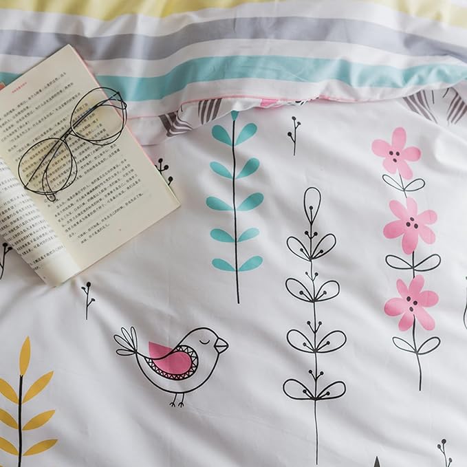 HighBuy Floral Printed Bedding Set Twin XL Duvet Cover Girls Cotton Comforter Cover Twin XL Size Garden Aesthetic Reversible Striped Bedding Sets 3 Piece Boho Comforter Cover Duvet Cover Set