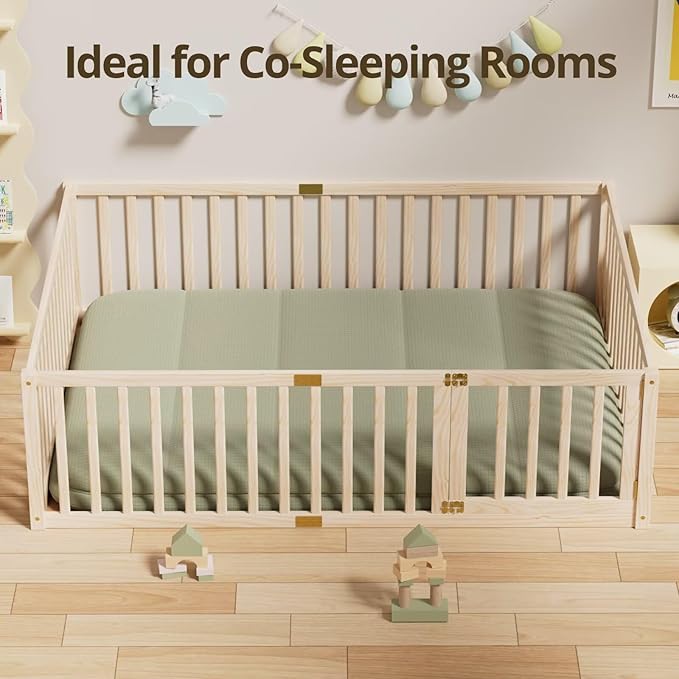 LLS Full Size Floor Bed with 21.6" High Fence for Kids Boys Girls, Solid Wood Multifunctional Montessori Bed Frame with Door, Without Slats, Natural