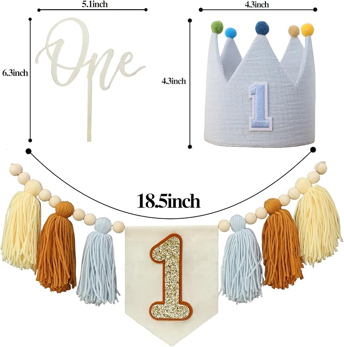 Baby 1st Birthday Party Decorations For Handmade Blue Tassel Garland Highchair Banner With Cake Topper Crown Hat