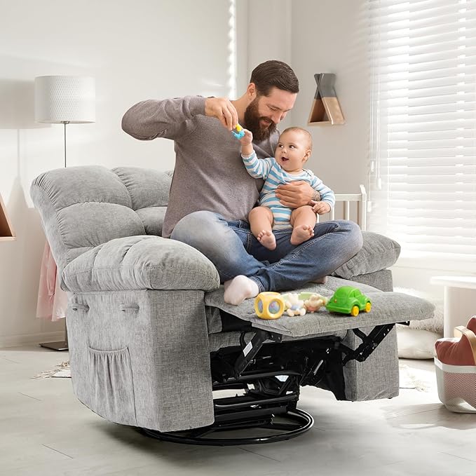 Swivel Recliner Chair, Upholstered Fabric Comfy Rocking Chair, Sturdy Q235 Steel Frame Nursery Glider, 300 LBS Capacity, for Small Spaces, Living Room, Bedroom, Light Grey