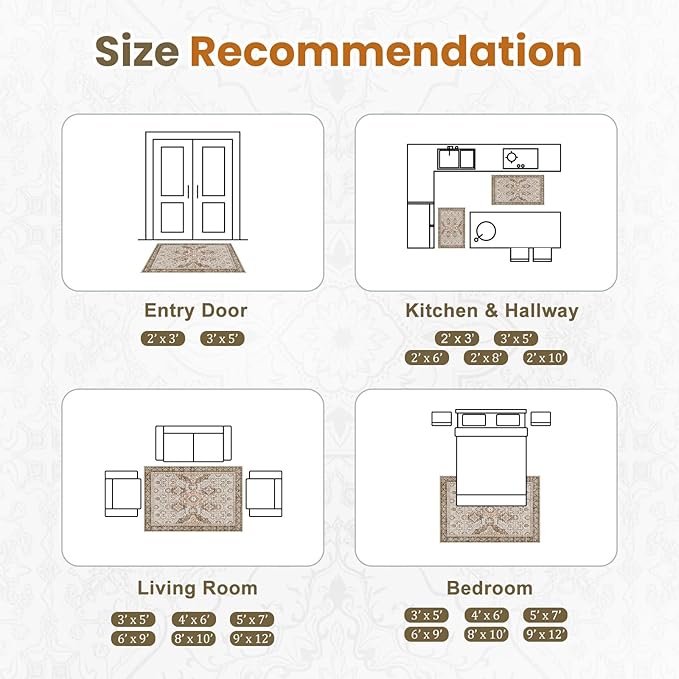 AMTOVO 6x9 Washable Area Rugs for Living Room, Non-Slip Boho Vintage Accent Medallion Print Pattern Carpet for Bedroom Dining Room Home Office Nursery Dorm Farmhouse, Light Brown