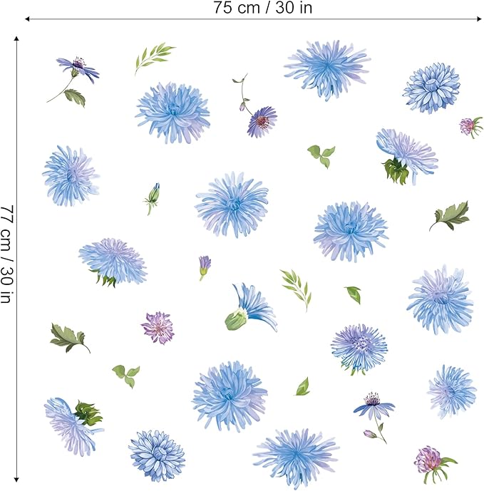 Daisy Flowers Wall Decals, 32 Pcs Blue Floral Leaves Wall Stickers, Bedroom Living Room Girls Nursery Room Wall Art Decor