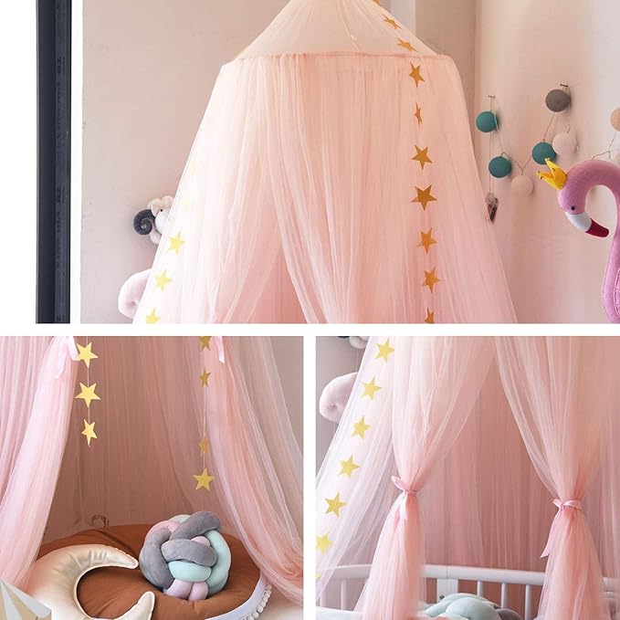 Bed Canopy for Girls, Canopy for Girls Room with Stars Decor, Dreamy Crib Canopy for Girls-Soft, Flowy & Easy to Install-Princess Canopy for Girls Bed, Reading Nook, Crib, Pink