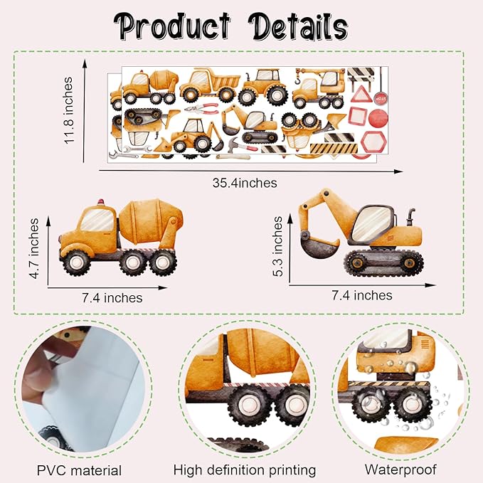 Construction Vehicle Wall Stickers, Watercolor Excavator Bulldozer Crane Truck Vinyl Wall Decals, Removable Engineering Car Artwork Wall Art for Boys Bedroom Playroom Decor