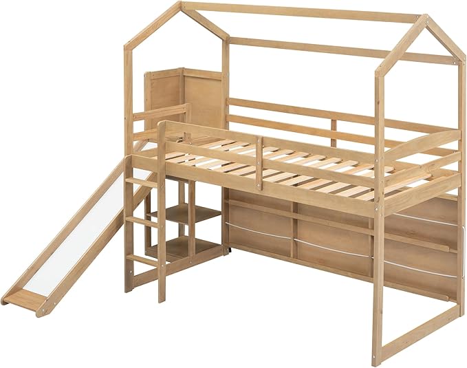 Flieks Twin Size Wood House Loft Bed Frame for Boys Girls Kids Adults Toddler with Slide, Storage Shelves and Light, Climbing Ramp, Wood Color