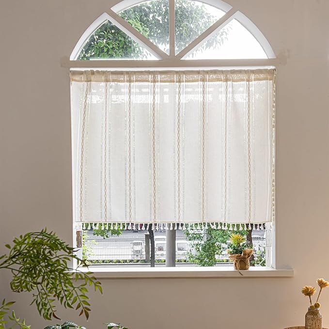 Deeprove Ivory Boho Curtain Valance for Cafe Kitchen Closet Doorway Decor, Sheer Bohemian Farmhouse Cotton Linen Short Panel Tassel Trim Classic Rustic Window Treatments Panel, W52 x L18, 1 Piece