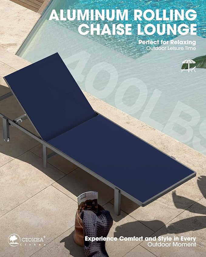 Pool Chaise Lounge Chair Set of 4, Outdoor Lounge Chairs with Wheels, 5-Position Adjustable Sun Loungers for Outside, Deck, Beach, Navy Blue