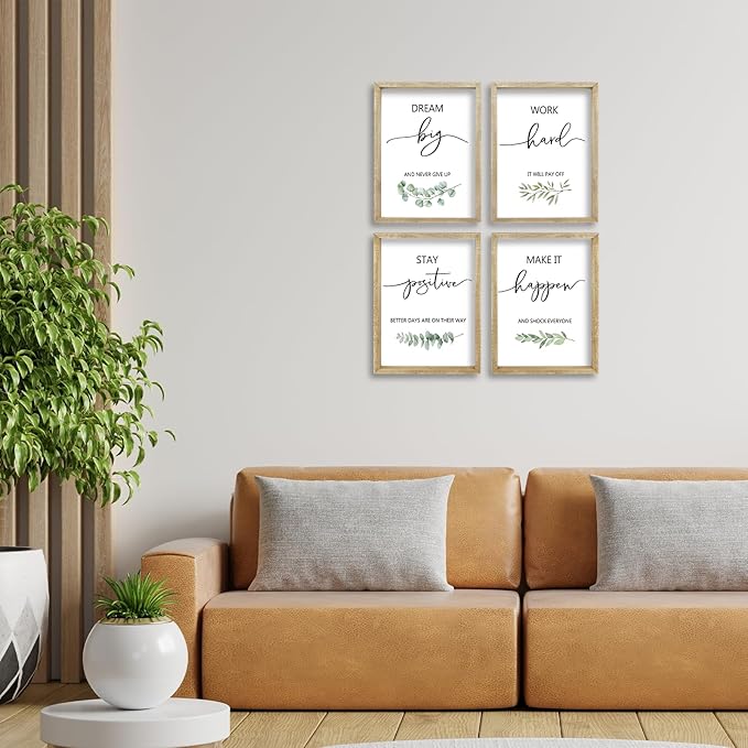 Set of 4 Inspirational Quotes Wall Art 16x11 Inch Encouraging Office Wooden Framed Positive Affirmations Home Family Decor Sign Motivational Plaque Wall Hanging Decoration (Wood)