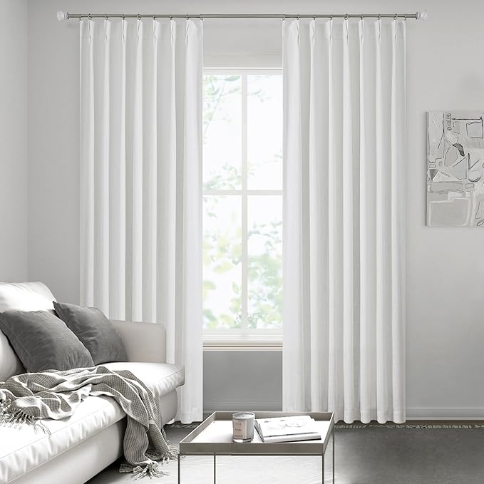 Pinch Pleated Blackout Curtain Panels with Full Blackout Liner Linen Texture Window Treatment Sets with Back Tab for Living Room Bedroom Thermal Insulated Drape with 9 Hooks, 40"x72"x2, White