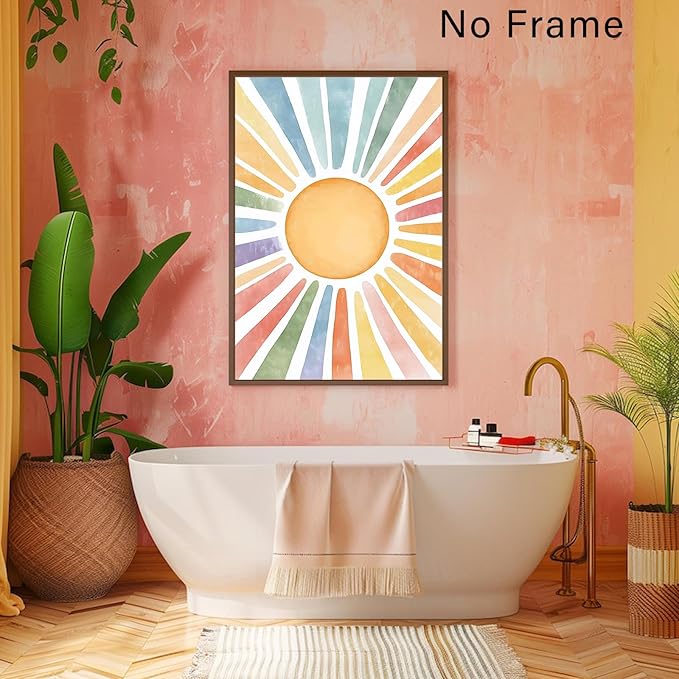 Boho Sun Canvas Wall Art Nursery Sun Prints Watercolor Sunshine Art Colorful Sunshine Poster Abstract Geometric Painting Colorful Geometric Prints Modern Minimalist Poster 16x24inch Frameless