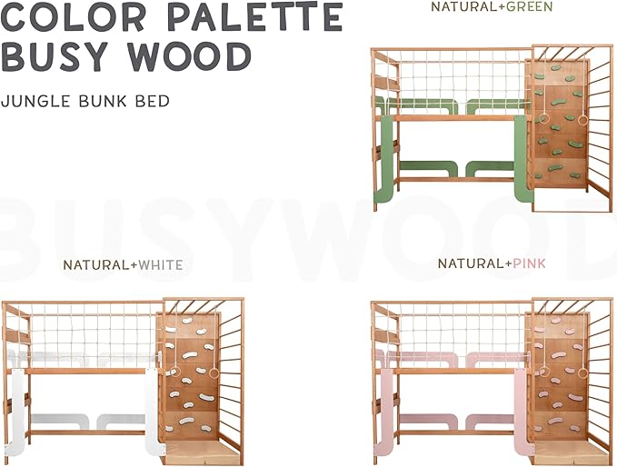BUSY WOOD Montessori Twin Bunk Bed for Toddlers - Jungle Gym Bed for Sleeping and Climbing
