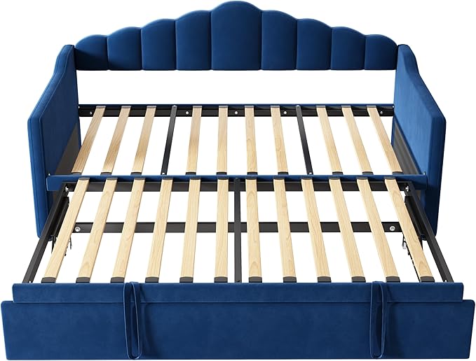 SOFTSEA Twin Daybed with Pop Up Trundle, Velvet Upholstered Daybed with USB Ports, Modern Extendable Sofa Bed Frame with Curved Backrest for Bedroom, Small Space, Blue