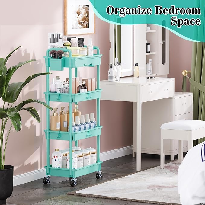 4 Tier Rolling Utility Cart with Drawer, Storage Organizer Cart with 2 Lockable Wheels, Multifunctional Rolling Storage Cart for Bathroom, Kitchen, Craft, Makeup, Baby Essentials, Blue