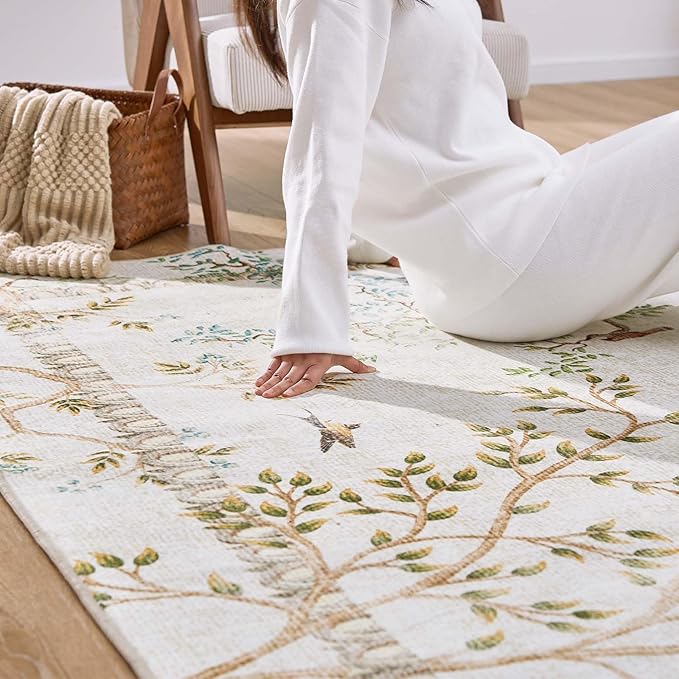 jinchan Yarden Round Rugs 6ft Ivory Botanical Birds Print Machine Washable 6' Circle Nature Plants Modern Soft Non Slip Kids Throw Area Rugs Ultra Thin Low Pile Carpet for Living Room Bedroom