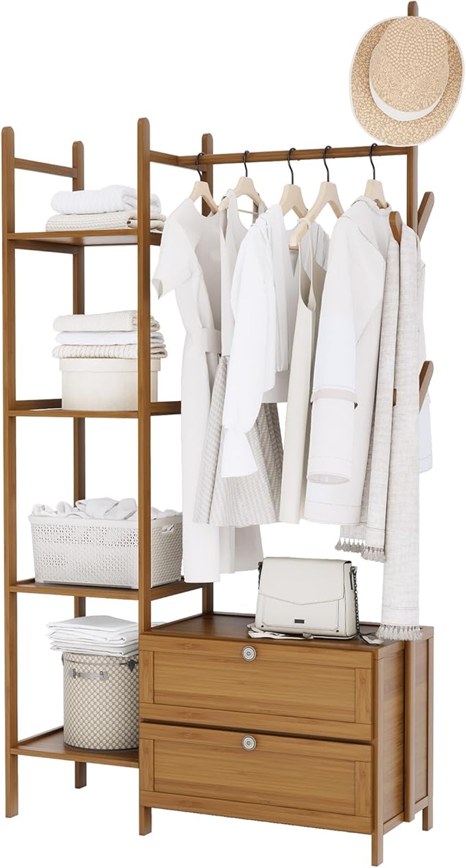 Garment Rack with Drawers,Cute Clothing Rack,Bamboo Clothes Rack,Clothes Rack Hanging,Solid Thickened Clothes Racks with Shelves (31.5inch Width Tawny)