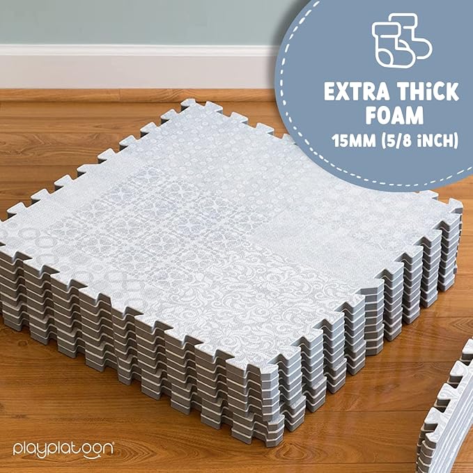 Play Platoon Large Baby Play Mat for Floor 9 Tile 72 x 72 in - Extra-Thick Interlocking Foam Tiles 24 x 24 in - Soft Puzzle Mats for Playroom - Neutral Playmat Rug - Grey, Boho Modern