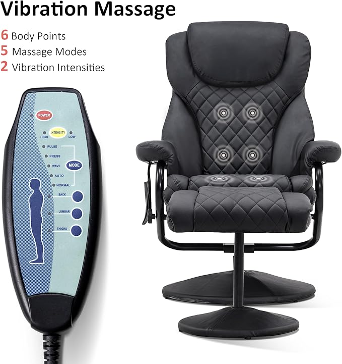 MCombo Recliner with Ottoman, Reclining Chair with Massage, 360 Swivel Living Room Chair Faux Leather, 4901 (Black)