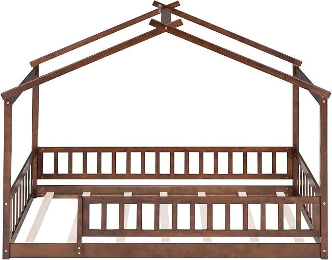 Merax Twin Size Wooden House Bed with Fence, Wood Bed Frame with Roof and Safety Guardrail for Kids, Teens, Boys or Girls, Walnut
