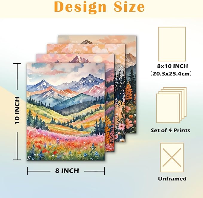 JINYO Boho Abstract Wildflower Mountain Scenery Wall Art Prints Set of 4, Modern Maximalist Colorful Floral Wall Decor Posters Pictures for Home Bedroom Living Room, 8x10 Unframed