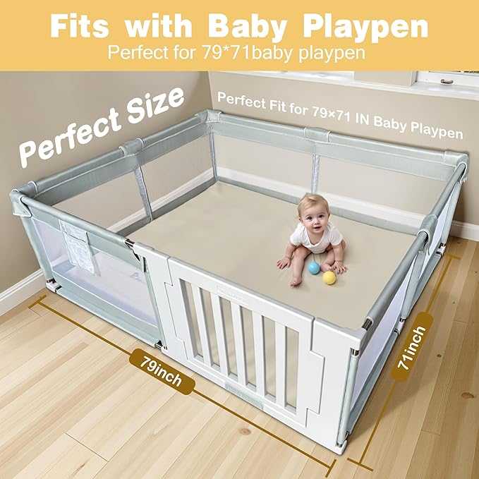 Padded 79" ×71" Large Baby Play Mat for Floor, 1.2" Thick Memory Foam Playmat with Soft Vegan Leather Cover, Cushioned Play Mat for 71" x59" Playpens, Grey