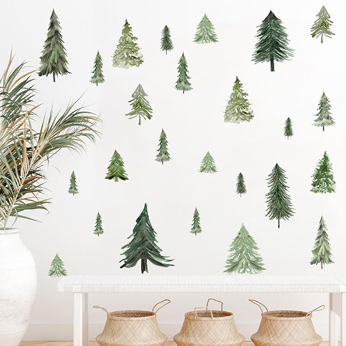 Watercolor Tree Wall Stickers Small Pine Tree Wall Decal Green Trees Wall Window Stickers Removable Forest Trees Decals Peel and Stick Small Tree Wall Decals for Bedroom Living Room