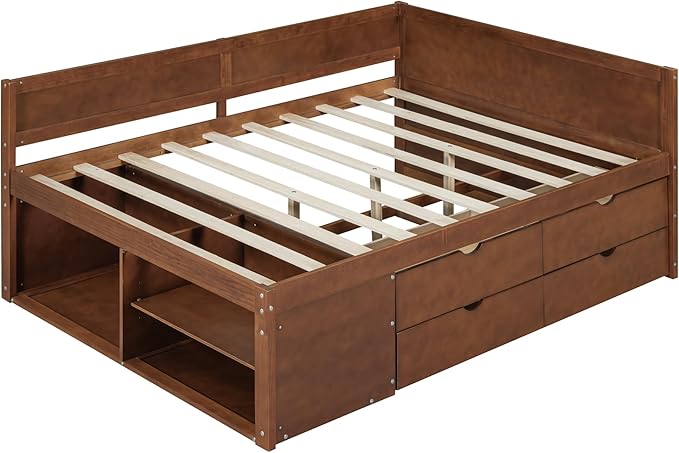 Full Size Daybed with 4 Storage Drawers and Shelves, Wooden Full Platform Bed Frame with L-Shaped Headboard and Slats Support, Corner Bed Full Captain Beds for Kids Boys Girls Teens, Walnut
