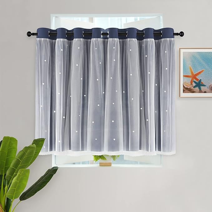 Kinryb Kids Blackout Curtains for Bedroom/Living Room/Classroom, Sheer Overlay Small 2 Panel Set, Double Layer Curtains with Star Cutout for Kids Room(W 52 x L 45 Inches,Stone Blue 2 Pcs)
