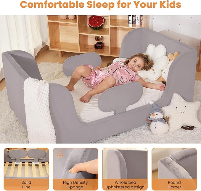 Toddler Bed, Whole Soft Padded Toddlers Floor Bed Frame, Kids Beds with Extra Safety Broad, Toddler Beds for Girls Boys Children - Standard Crib Size (Mattress NOT Included)