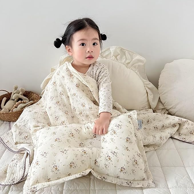 BuLuTu Muslin Toddler Blanket for Crib Toddler Bed Blanket Soft Breathable Swaddle Blankets for Girls Boys, Baby Quilt Summer Blankets with Reversible Crape Floral Pattern, 47"x51"