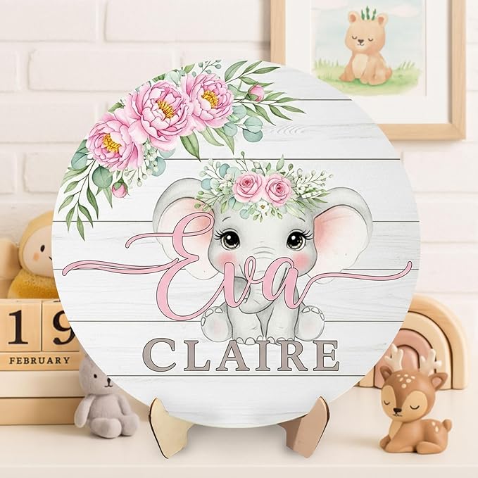Personalized Baby Girl Name Sign with Elephant and Flowers – Custom Wooden Nursery Wall Decor for Playroom, or Gift Nursery Room Decoration
