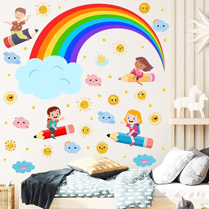 Rainbow Wall Decals Cloudy Sun Wall Stickers for Classroom, Watercolor Rainbow Cloudy Wall Decals Flying Girls Boys Wall Stickers Inspirational Art Murals for Nursery Playroom Kids Room