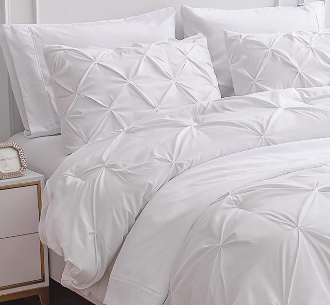LANE LINEN Full Size Comforter Set, 7 Piece Bed in a Bag - Soft Pintuck Bedding Comforter Sets with Sheets, Pillowcases & Shams - White