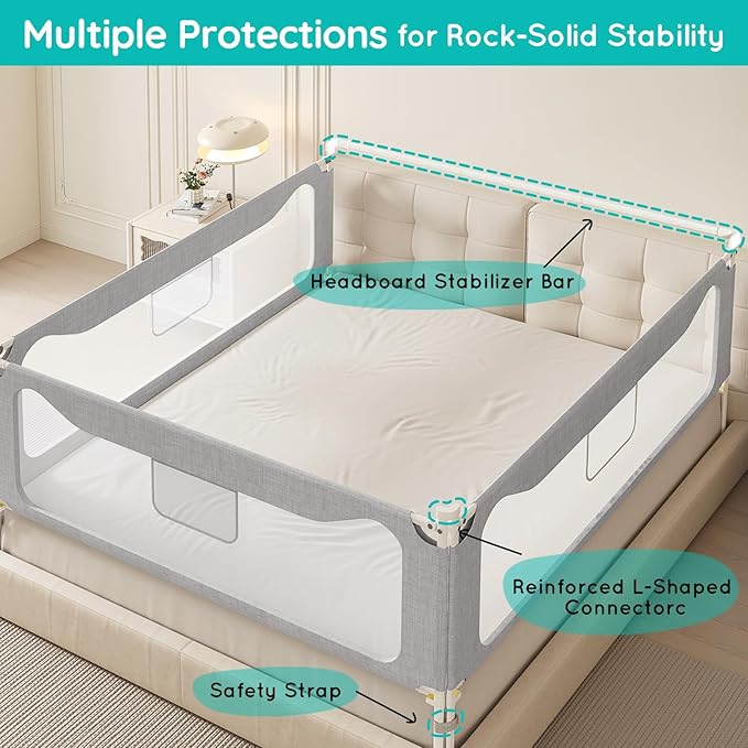 Updated King Size Bed Rail for Toddlers: 3-Side Protection Bedrail with Headbroad for King Bed - Extral Tall Adjustable Child Safety Side Railing Guards for Infants Kids Child(78.7x78.7X 74.8”)