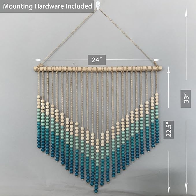 Boho Ombre Wood Bead Wall Hanging, Handmade Unique Giant Art Decor for Bedroom, Nursery, Living Room, or Entryway (V Coastal Blue Gradient, 24 Inches)