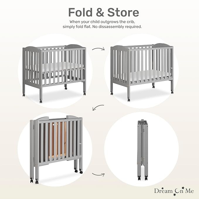 Dream On Me 2 in 1 Folding Portable Crib in Cool Grey, Greenguard Gold Certified , 40x26x38 Inch (Pack of 1)
