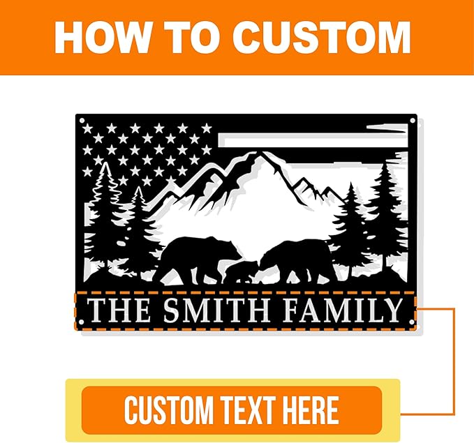 Custom American Bear Family Scene Metal Wall Sign, Personalized Family/Last Name Signs, Lodge Decor, Rustic Cabin/Living Room/Bathroom Decor, Wildlife Lover's Gift