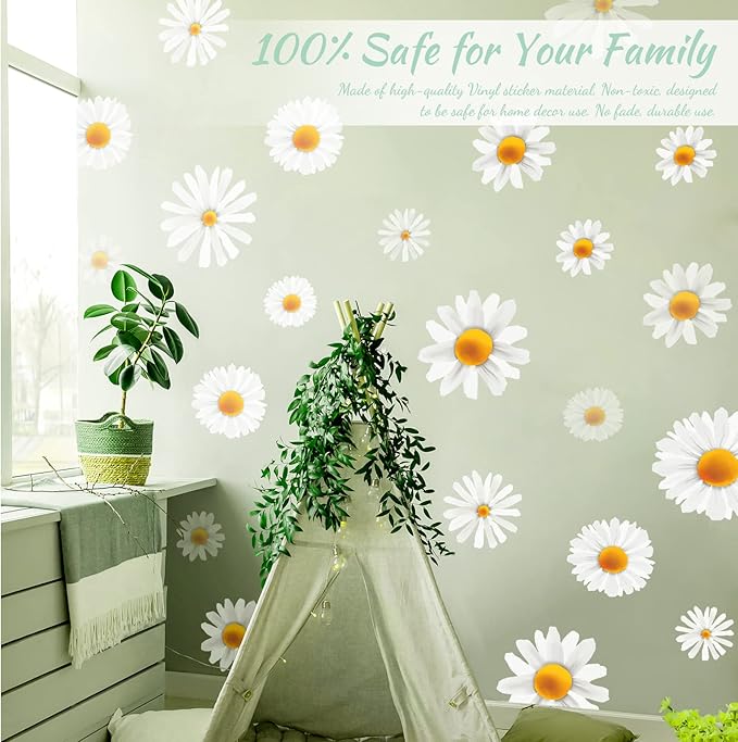 Big White Daisy Wall Decals Decor for Baby Nursery Toddler Girls Bedroom, Vinyl Floral Wall Stickers Peel and Stick, Boho Daisy Flower Wall Art Decor for Living Room Closet Cabinet